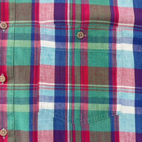VTG 1980s Eddie Bauer Superior Madras Plaid Button Up Shirt SS Mens XL Preppy - Picture 4 of 13